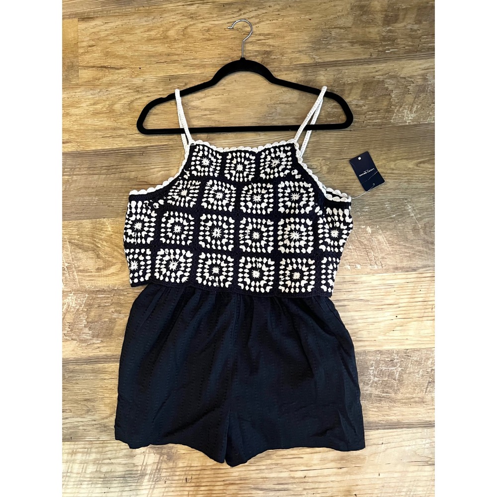 Lucky Brand Navy White Crocheted Romper Size Small Granny Squares One Piece NEW - Picture 2 of 13